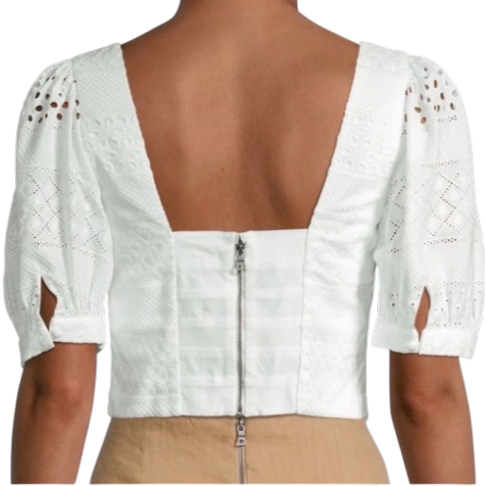 Alice + Olivia White Eyelet Lace Crop Top Puff Sleeve Lace-Up Blouse M 6-10 - Picture 2 of 9